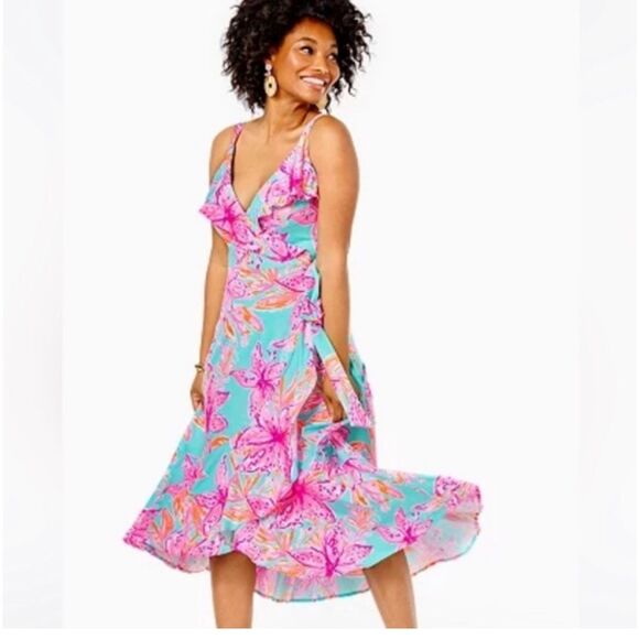 NWT Lilly Pulitzer Fontaine Wrap High Low Sleeveless Beach Tropical Dress XS - Picture 1 of 11